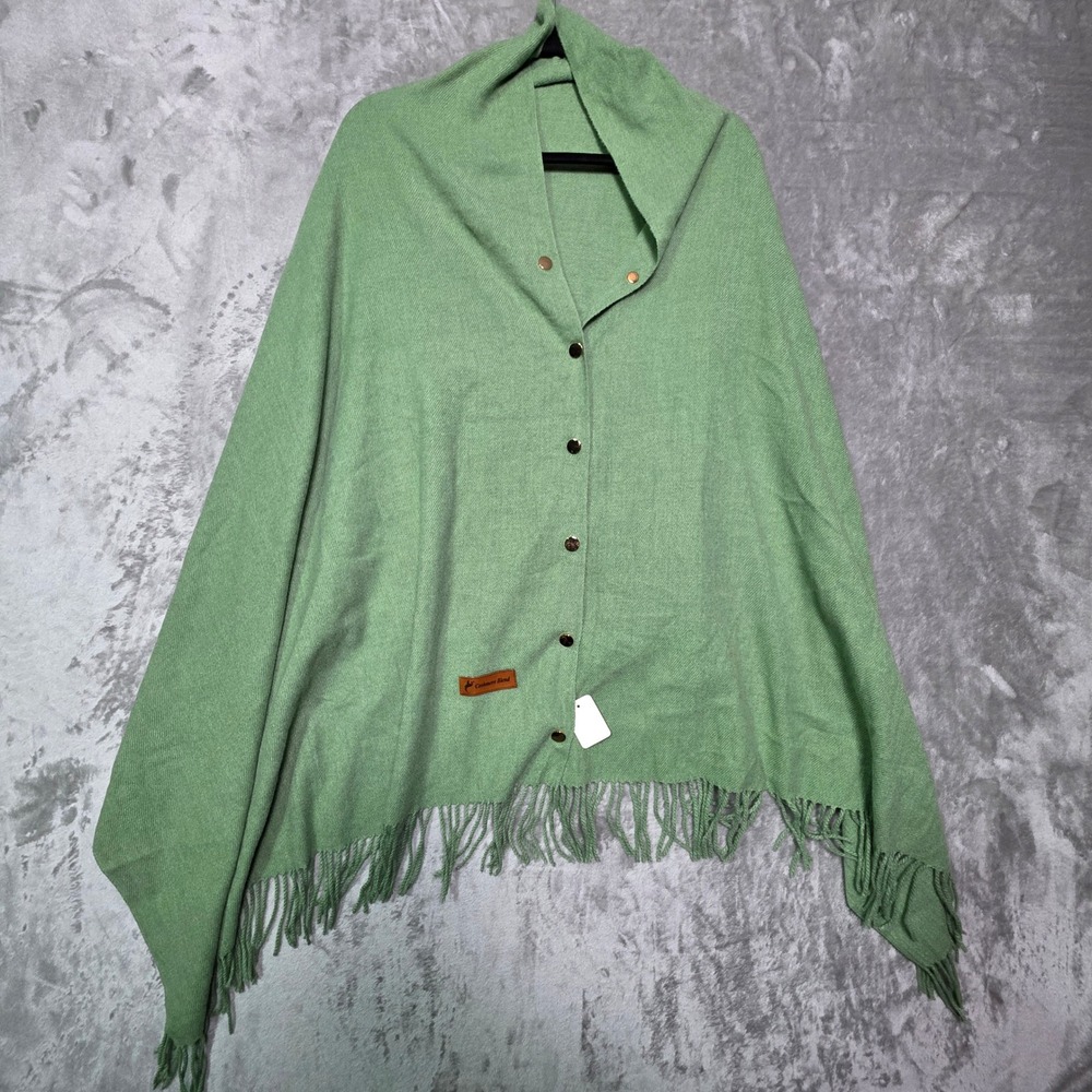 Cashmere Blend Snap Shawl Reversible Sage Green Fringe Poncho Wrap NWT